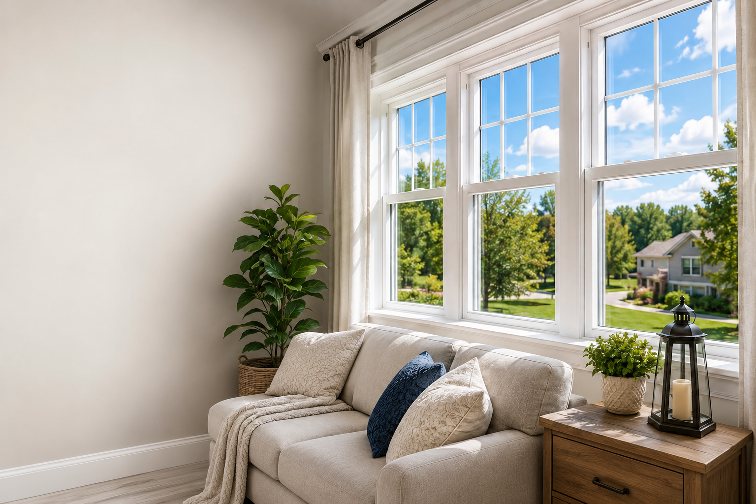 Bright living room with new white double-hung replacement windows overlooking a green suburban yard