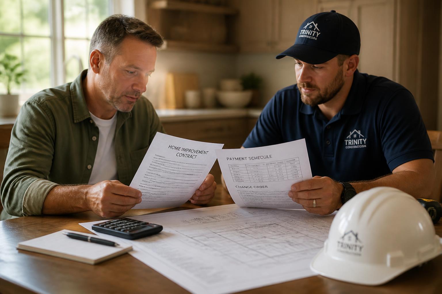 Homeowner and contractor reviewing a home improvement contract, payment schedule, and change order at a kitchen table with blueprints and a calculator