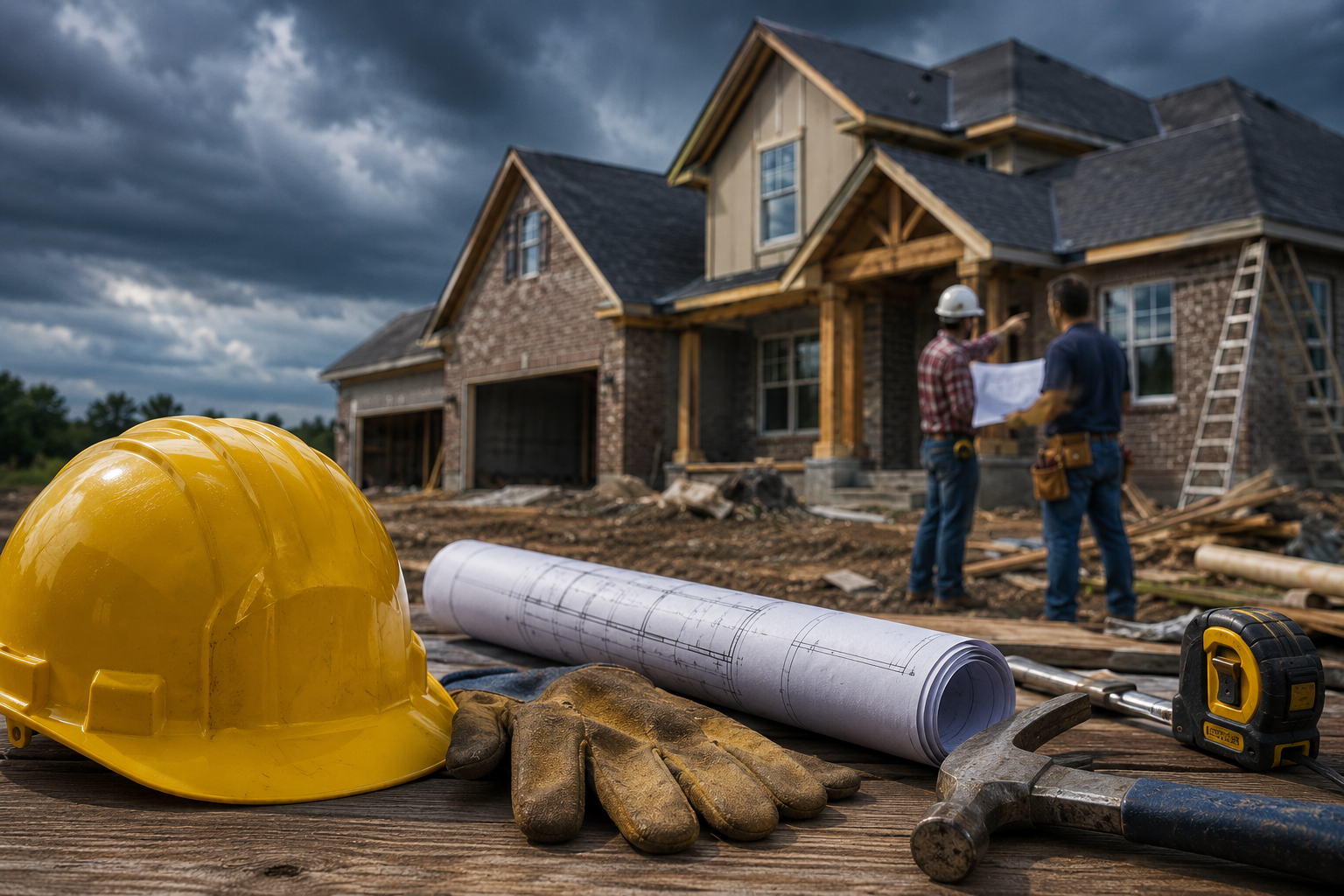 Hard hat, work gloves, blueprints, hammer and tape measure on a jobsite table with two contractors reviewing plans in front of a house under storm clouds