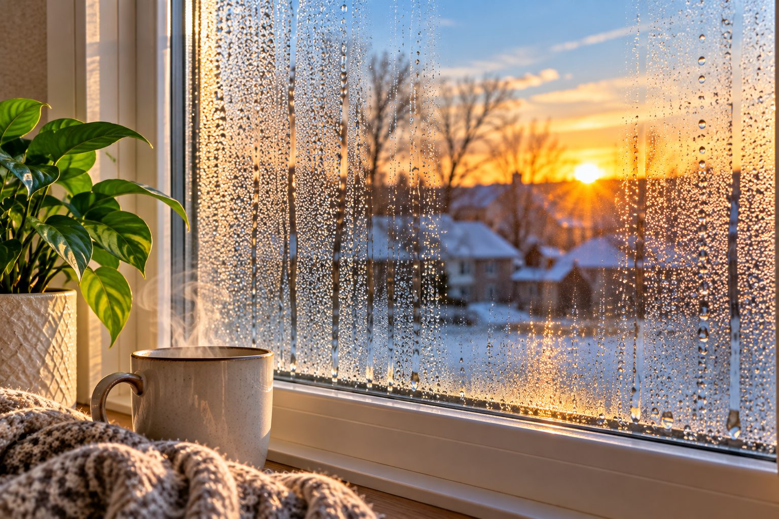 Condensation droplets covering the inside of a window on a cold morning, with a warm mug and houseplant beside the glass