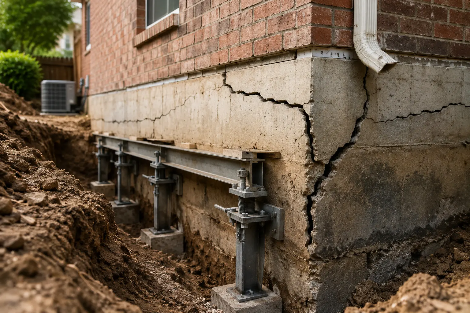 Steel foundation piers and a support beam installed in an excavated trench beside a cracked concrete foundation on a brick home