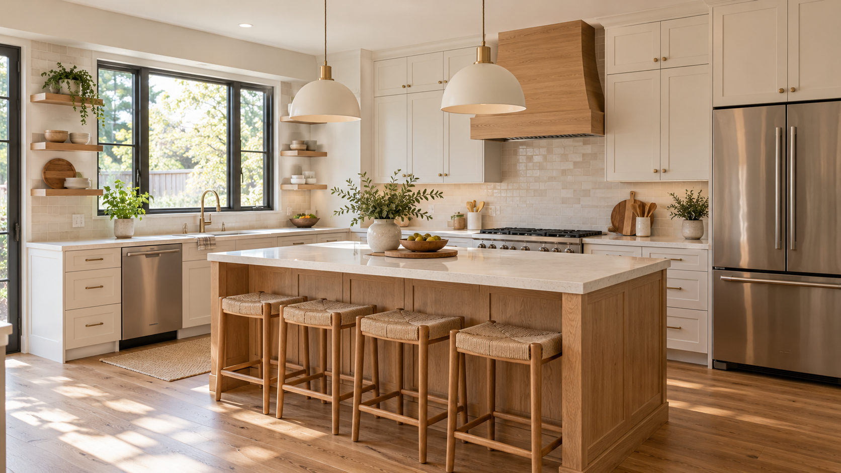 Remodeled kitchen with white shaker cabinets, a white oak island with quartz countertop, and stainless steel appliances