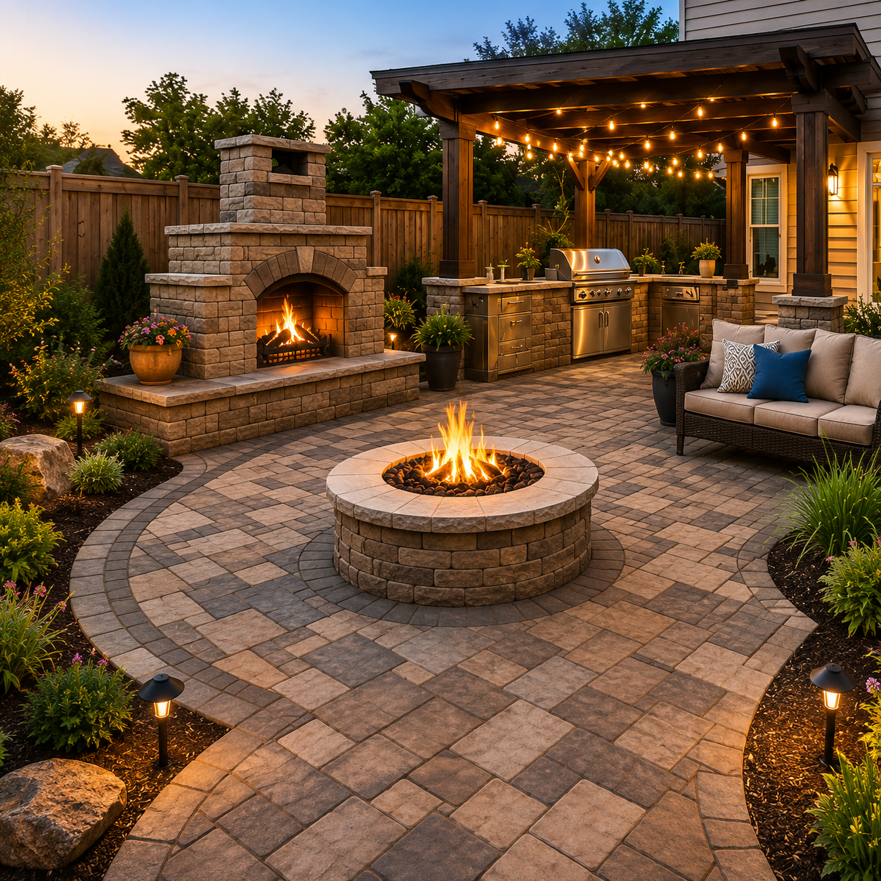 Backyard paver patio at dusk with a stone fireplace, round gas fire pit, outdoor kitchen with grill, pergola string lights, and cushioned wicker seating