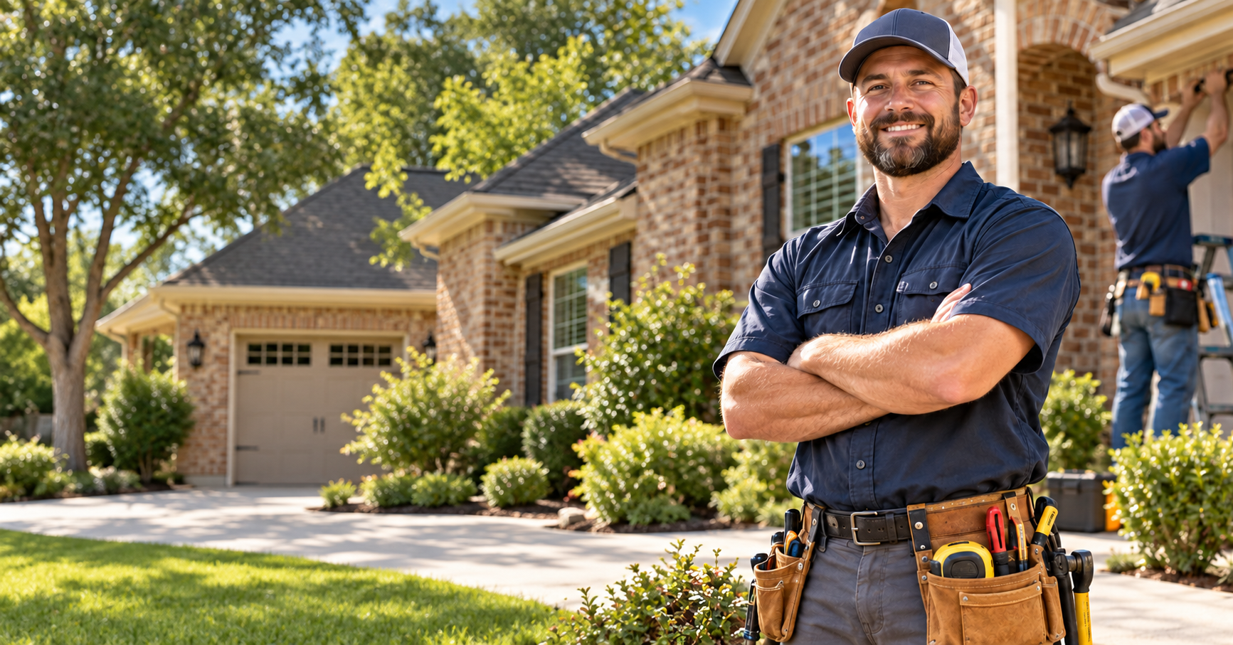 Smiling contractor with arms crossed and a tool belt in front of a brick Dallas–Fort Worth home