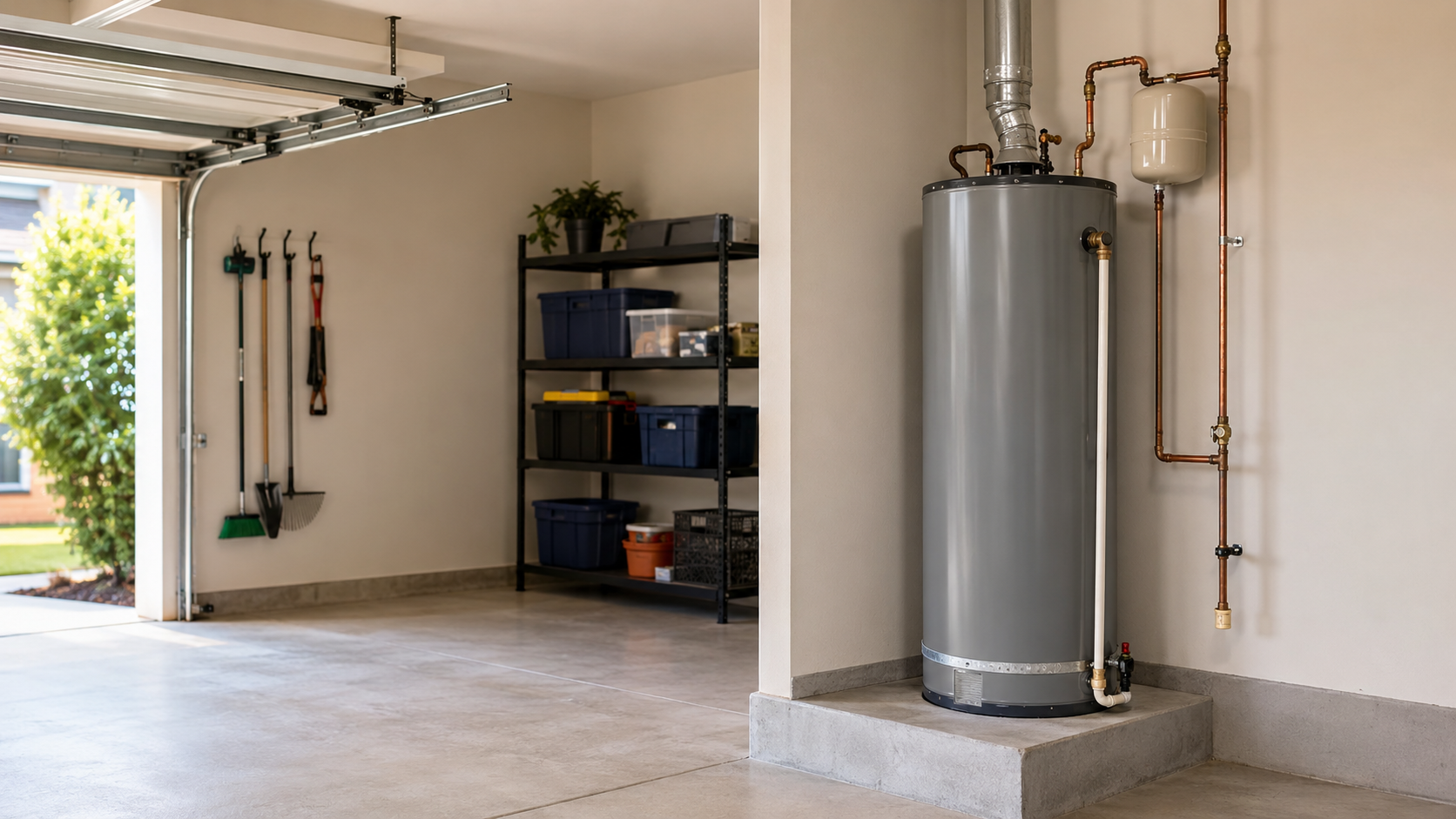 Gray gas tank water heater installed on a concrete pad in a clean residential garage with copper supply lines and an expansion tank