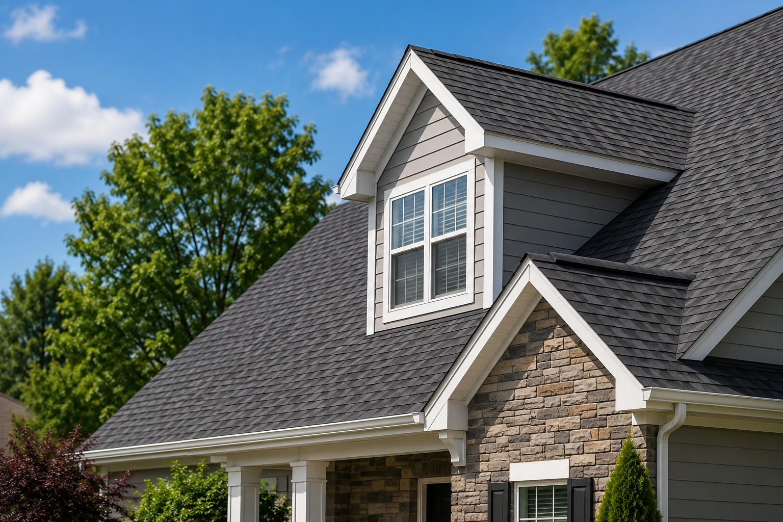 Close-up of a home with dark architectural asphalt shingles, white trim, stone accents, and a dormer window under a blue sky