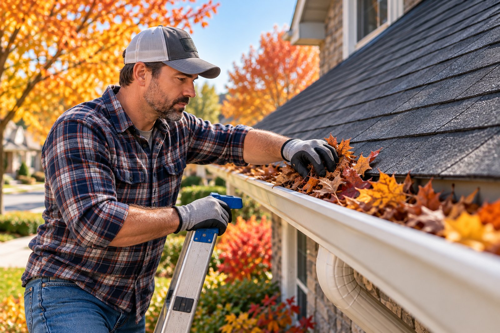Contractor cleaning fall leaves from gutters on a ladder beside a house with autumn trees