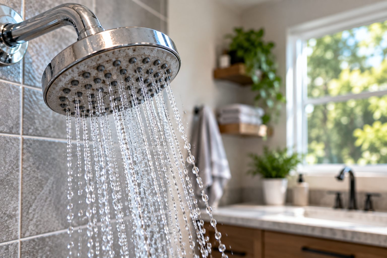 Chrome showerhead with reduced water flow in a bright residential bathroom