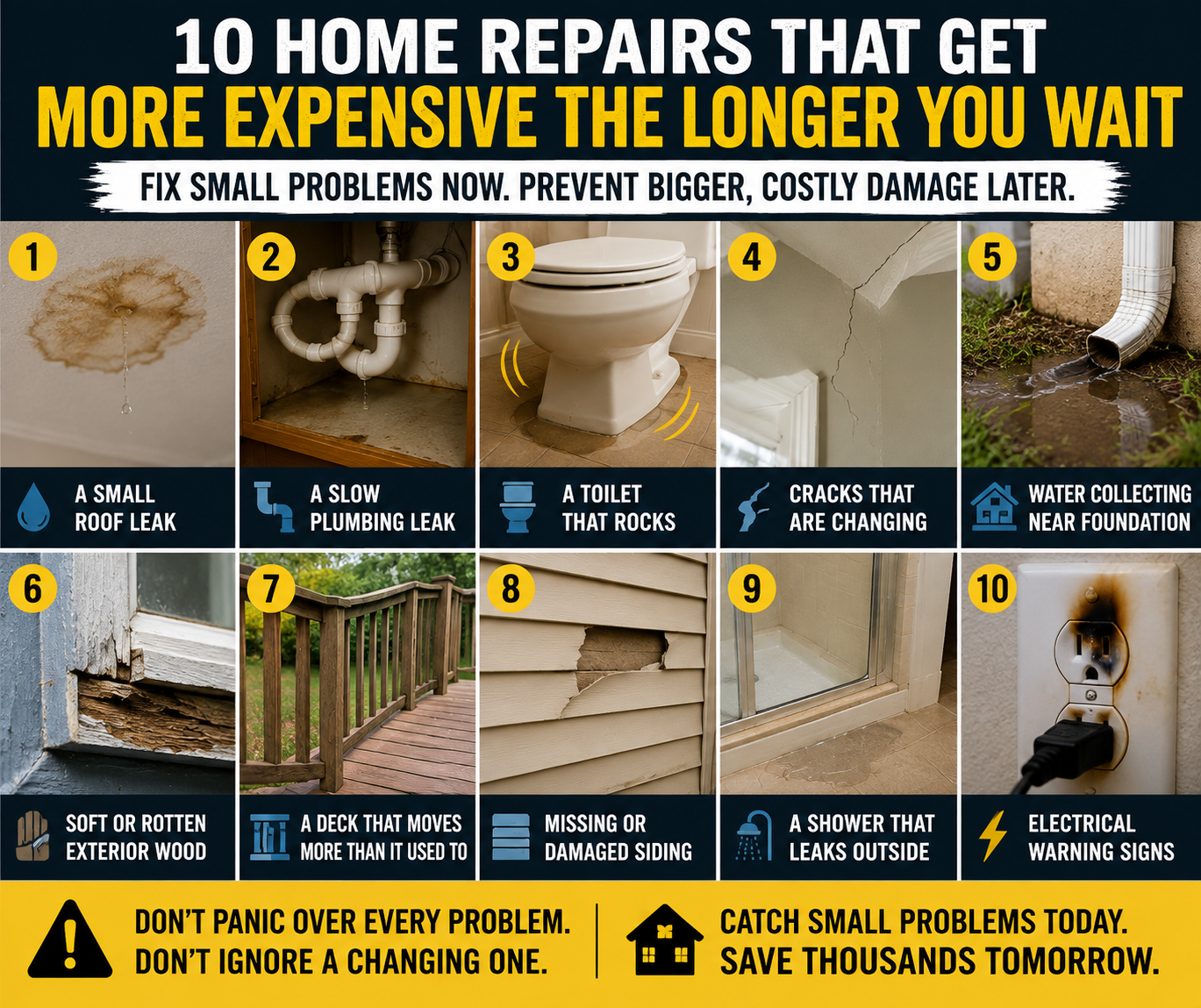 Infographic grid of 10 home repairs that get more expensive the longer you wait, including a roof leak, plumbing leak, rocking toilet, wall crack, foundation drainage, rotten wood, deck movement, damaged siding, shower leak and a burned electrical outlet