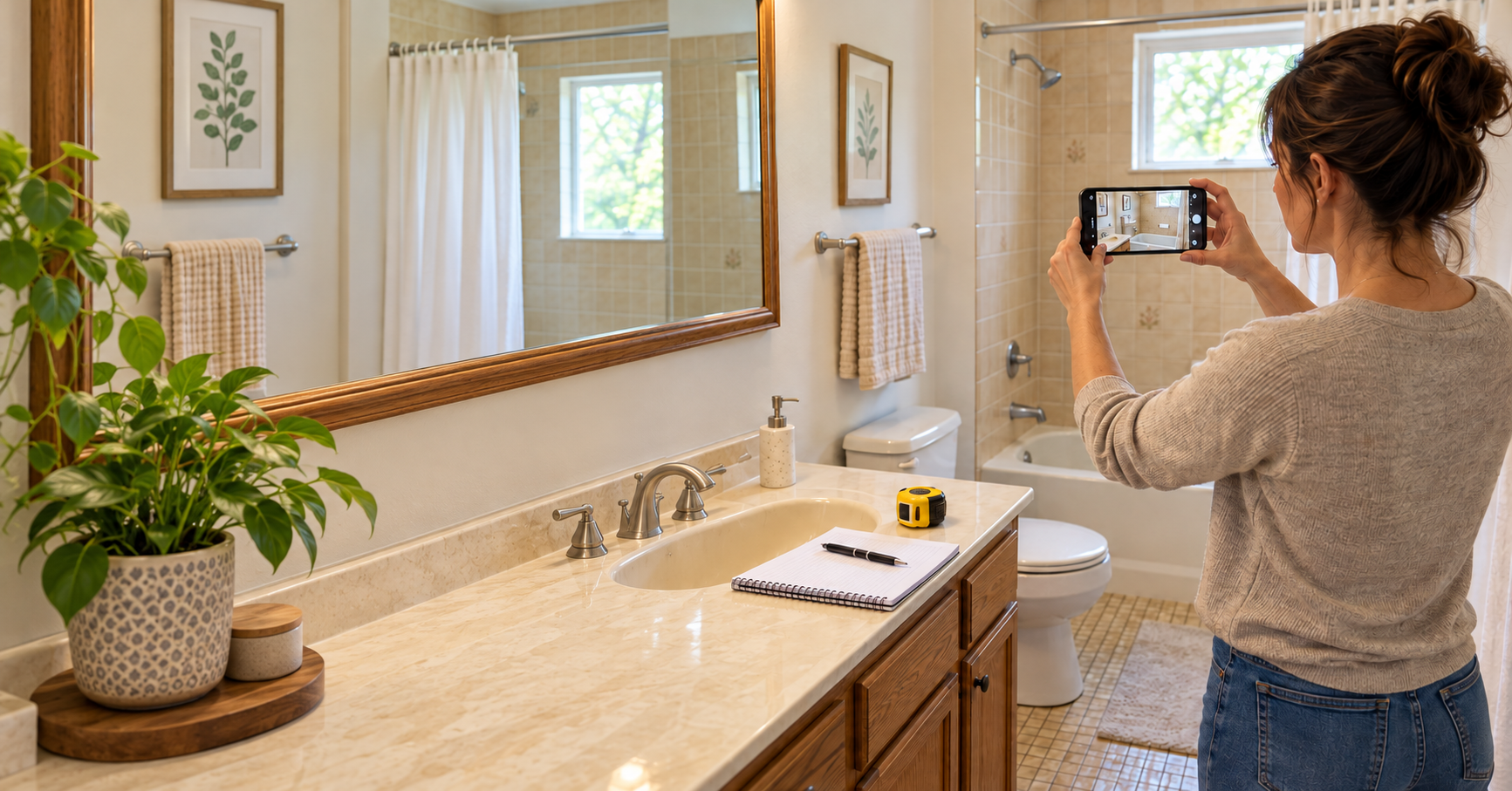 Homeowner photographing a sunlit bathroom to send a contractor for an estimate