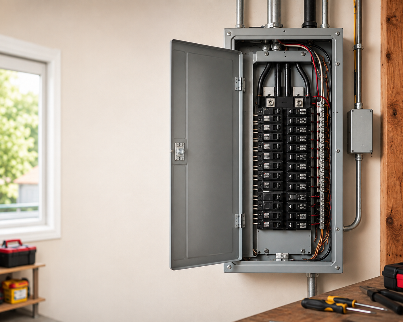 Open gray residential electrical panel mounted on a wall showing rows of circuit breakers and neatly routed wiring