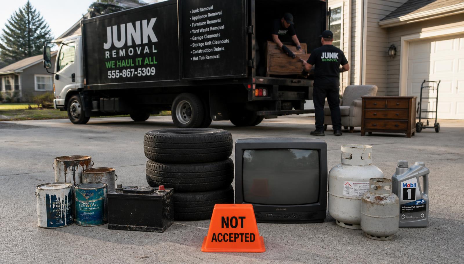 A collection of items that junk removal companies will not take, including a paint can, a television, a tire, and a car battery.