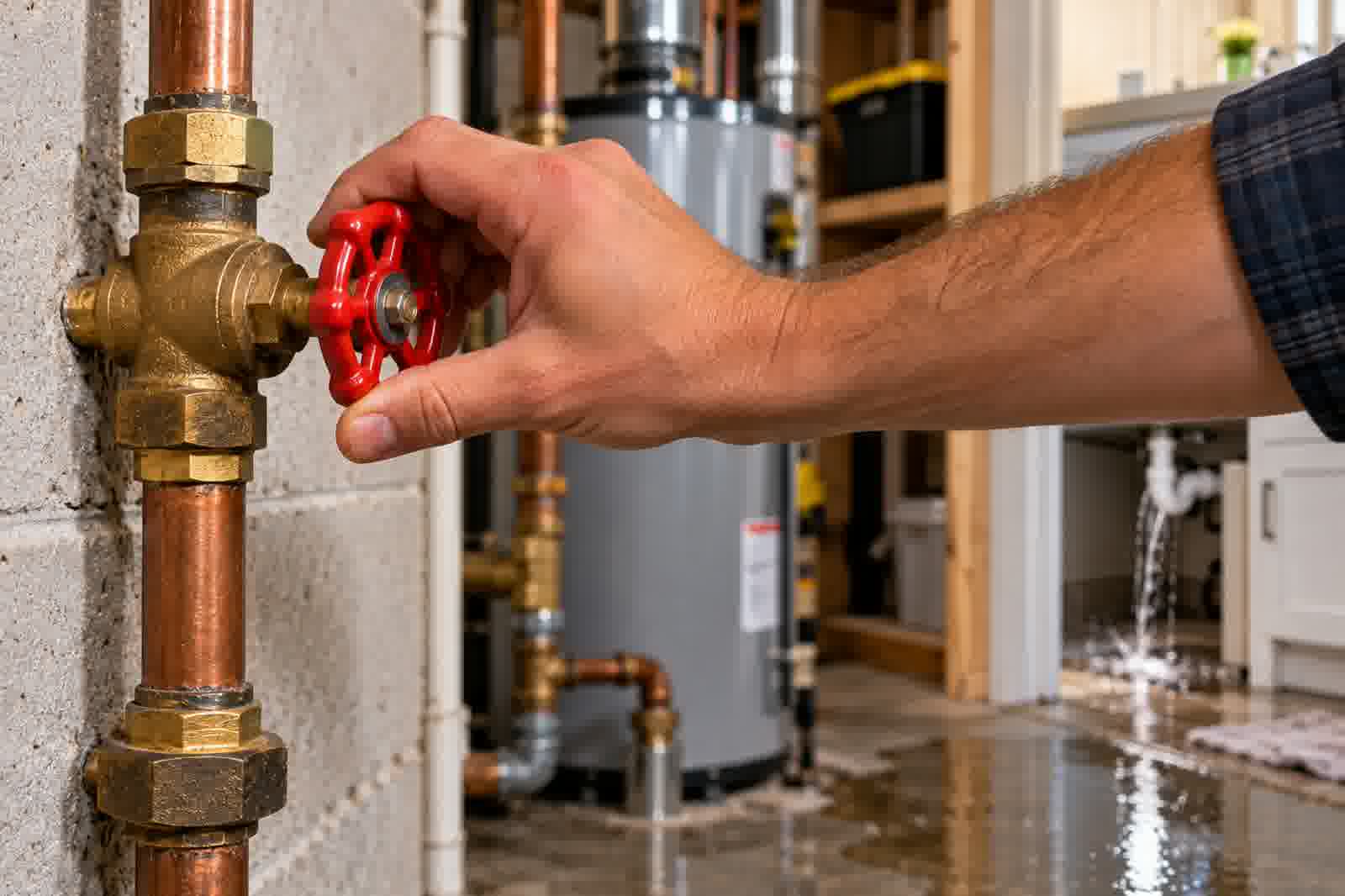 Hand turning a red main water shutoff valve on copper pipes in a utility area