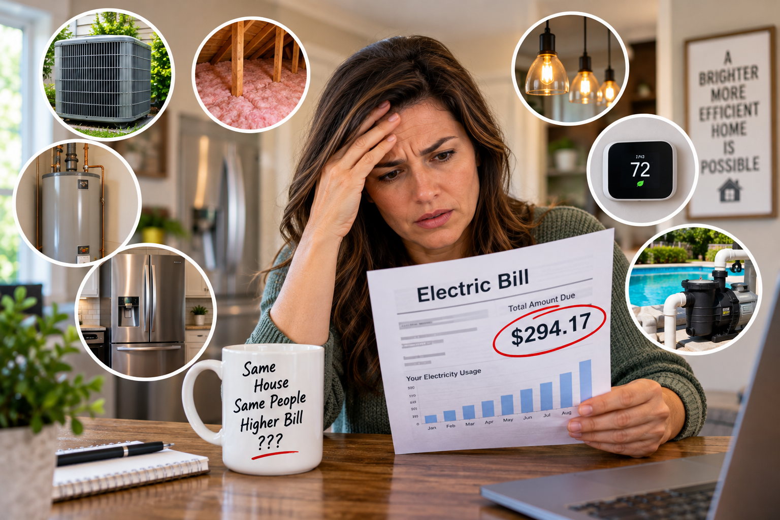 A homeowner at her kitchen table staring at an electric bill for $294.17, surrounded by circles showing an AC unit, attic insulation, a water heater, a refrigerator, pendant lights, a smart thermostat, and pool equipment