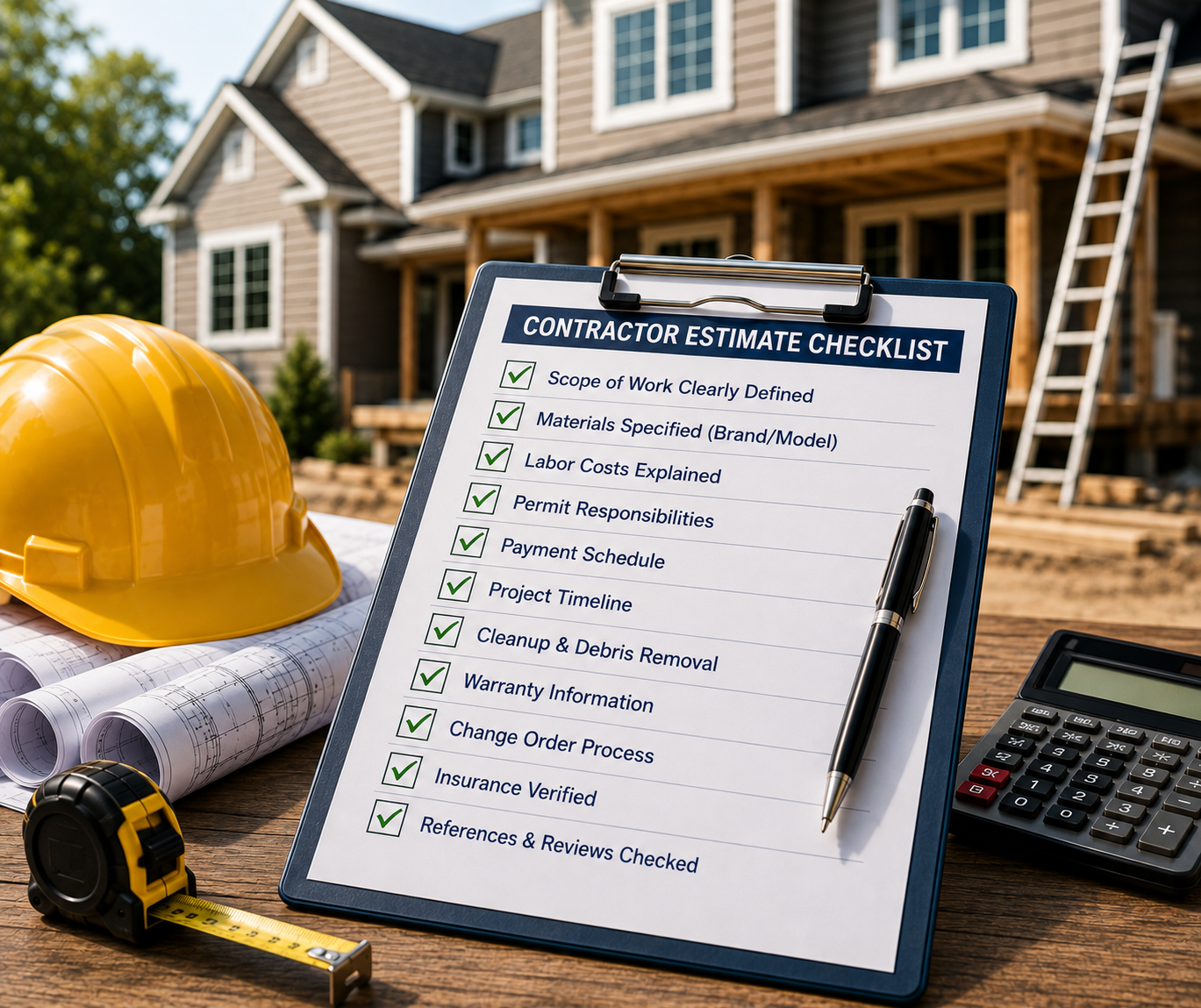 Contractor estimate checklist on a clipboard beside a hard hat, blueprints, tape measure, and calculator at a home construction site