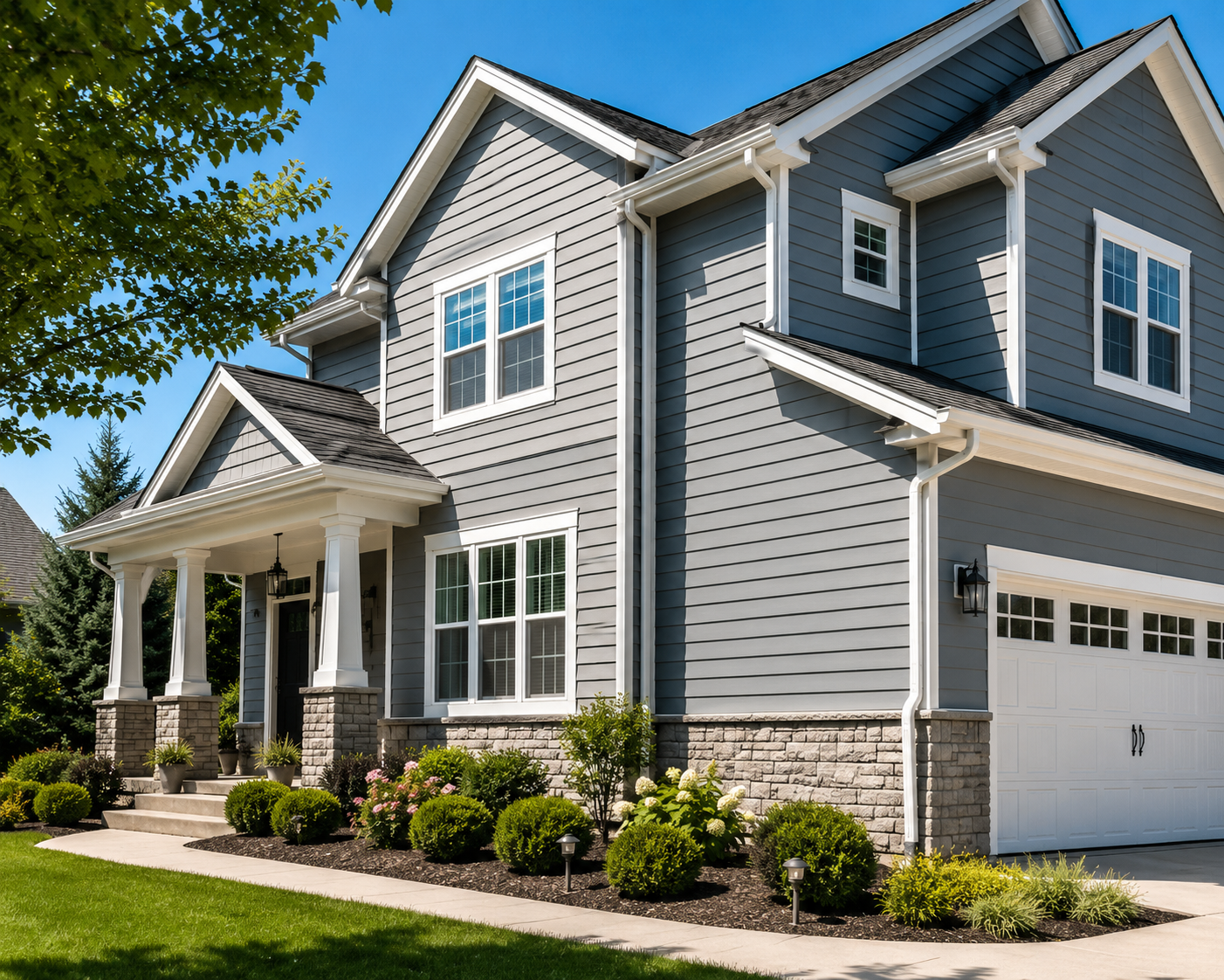 Two-story suburban home with new gray lap siding, white trim, stone veneer accents, and a white garage door on a sunny day