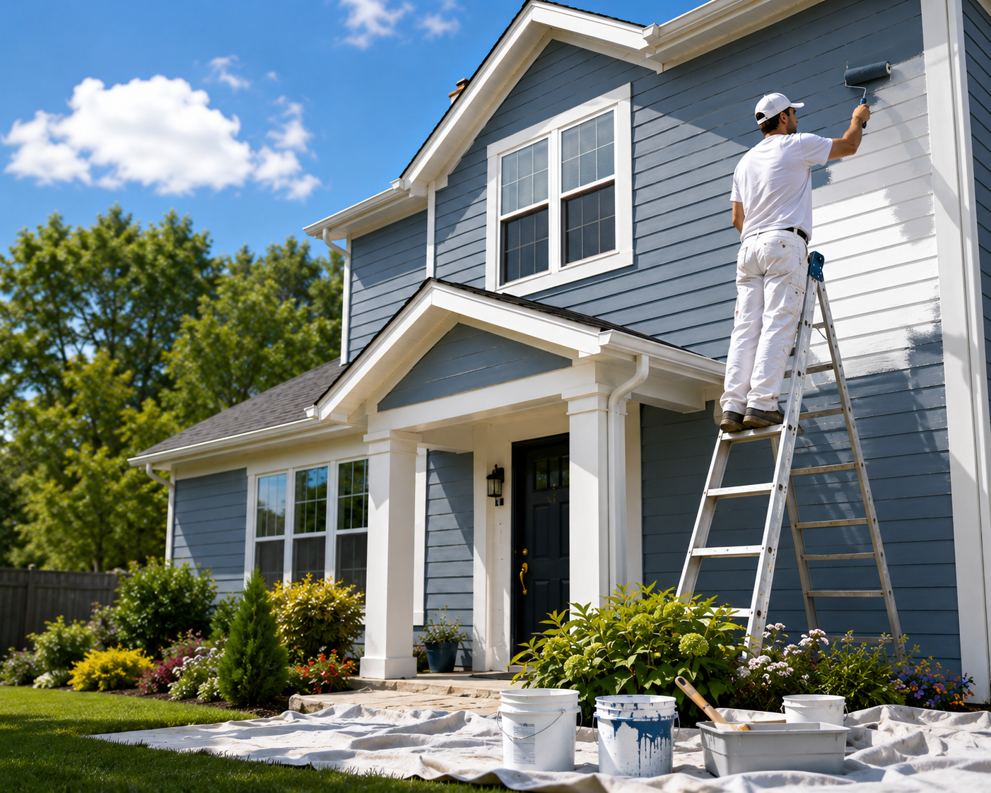 Professional painter on a ladder rolling fresh white paint onto the exterior siding of a two-story blue-gray home