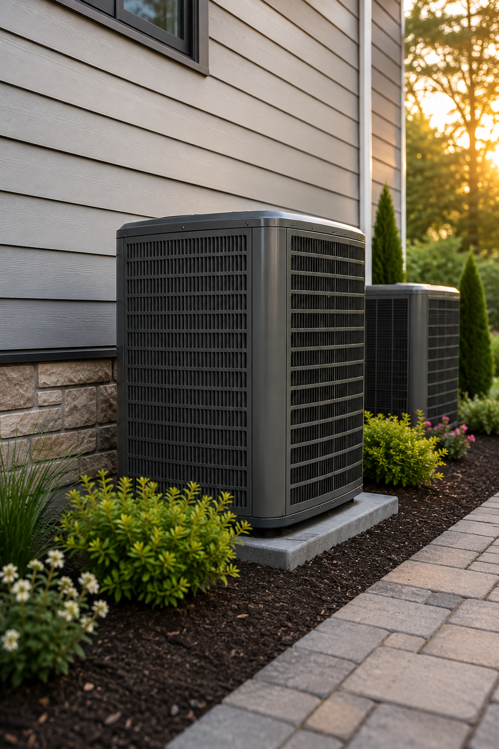 New outdoor air conditioner condenser units installed on concrete pads beside a suburban home with tan lap siding at sunset