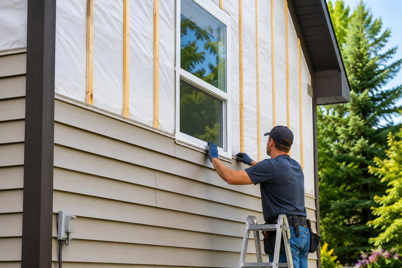 Contractor on a ladder installing tan lap siding over house wrap next to a window on a suburban home