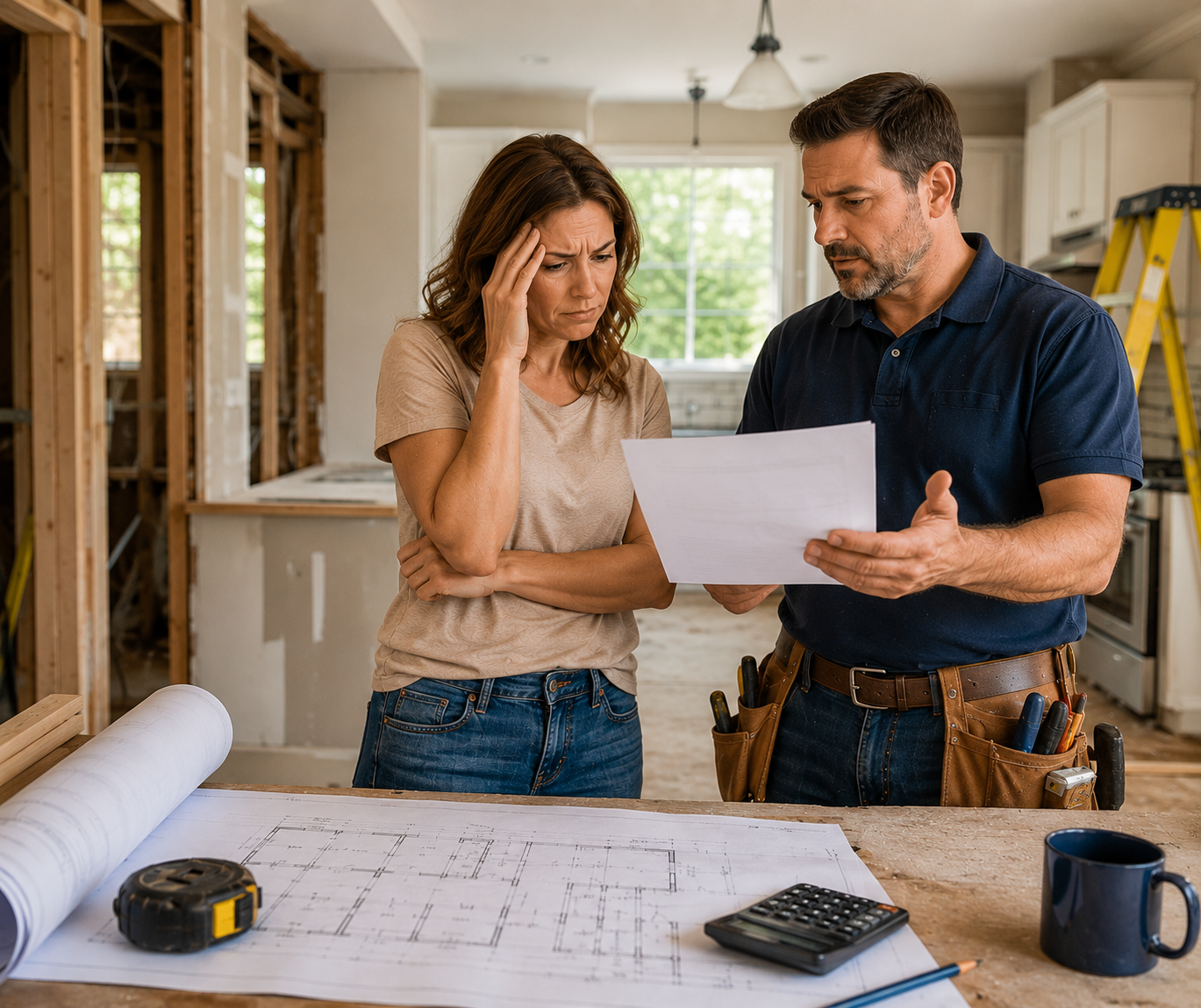Concerned homeowner and contractor reviewing a revised estimate over blueprints, a calculator and a tape measure inside a kitchen under renovation