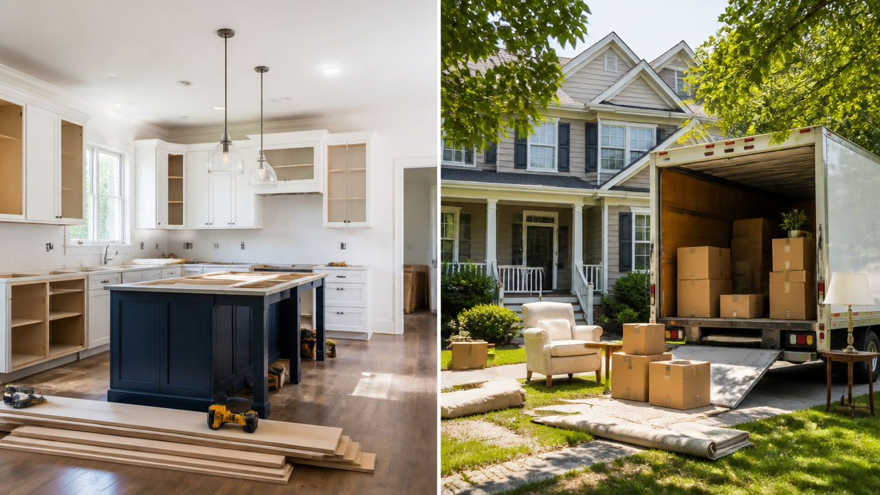 Split view of a modern kitchen renovation in progress and a suburban home with moving boxes and a moving truck
