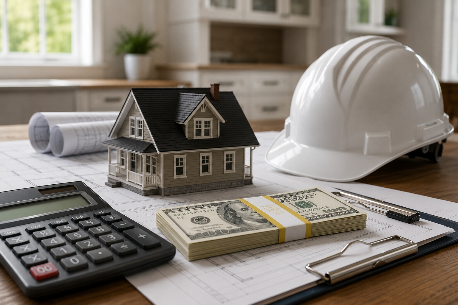 Model house, hard hat, calculator, blueprints and cash on a desk representing home buying, closing costs and final walkthrough preparation