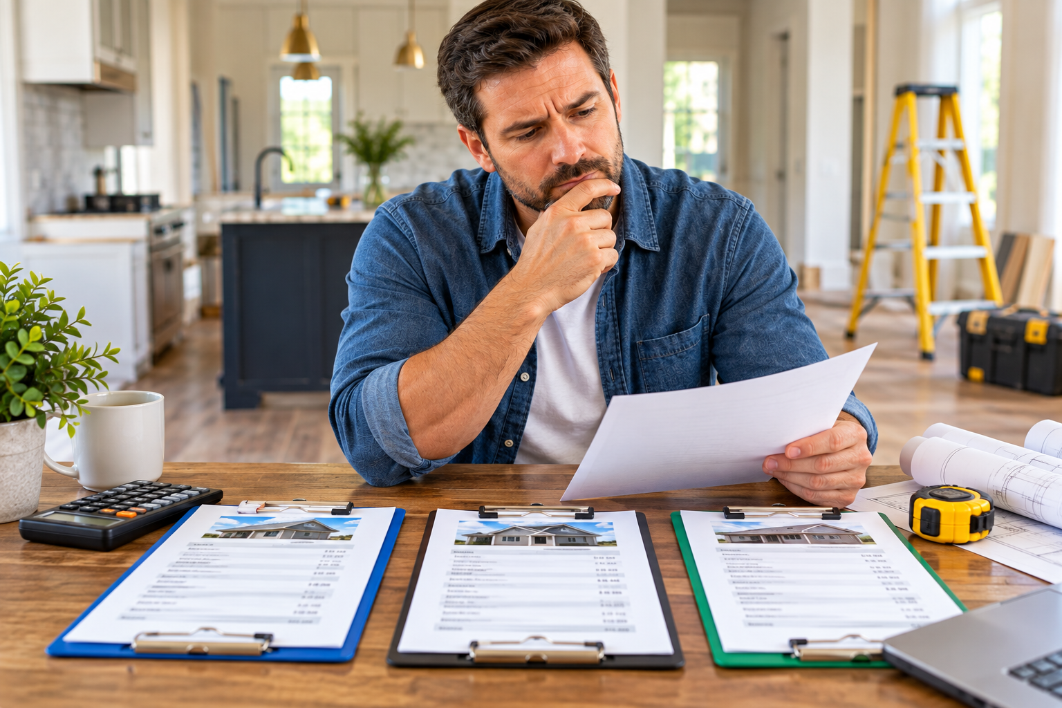 Homeowner comparing three contractor estimates on clipboards at a kitchen table
