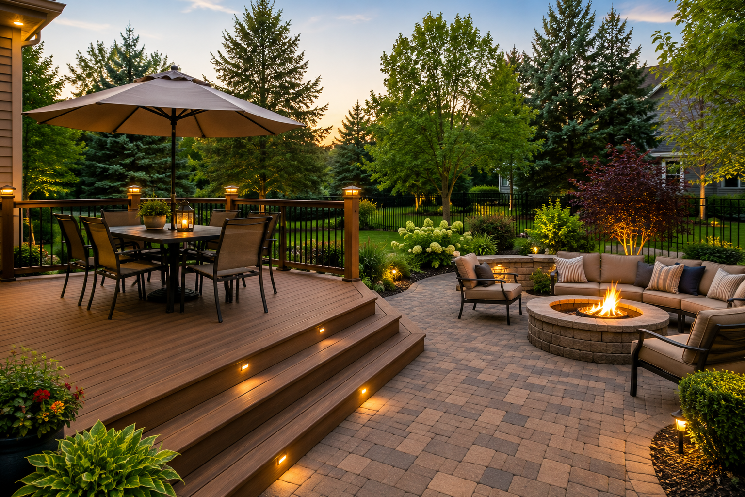 Composite deck with dining set and umbrella beside a paver patio with a stone fire pit and lounge seating at dusk
