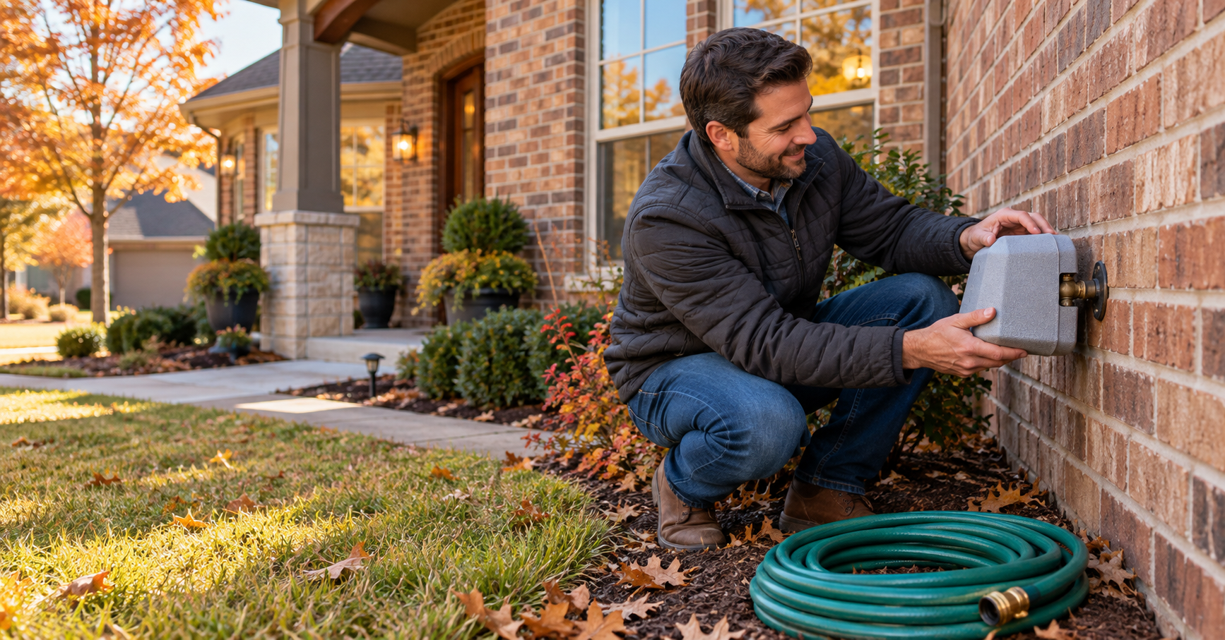 Homeowner fitting an insulated cover over an outdoor faucet beside a brick Dallas home, with a disconnected garden hose nearby