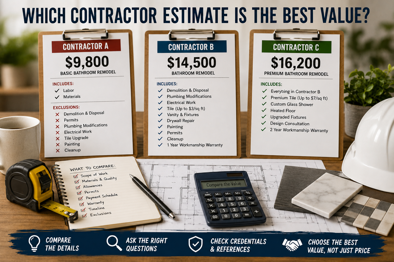 Three contractor bathroom remodel estimates on clipboards showing $9,800, $14,500 and $16,200 with inclusions and exclusions listed beside a calculator, blueprints and tile samples