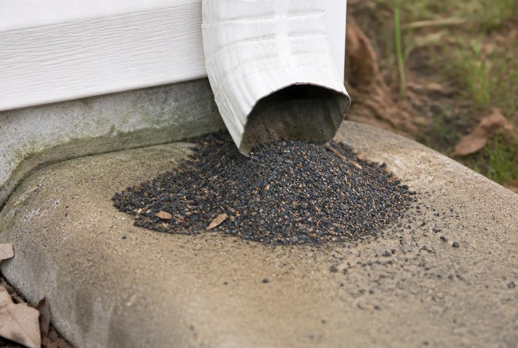 Pile of roof shingle granules washed out of a downspout onto a concrete splash block