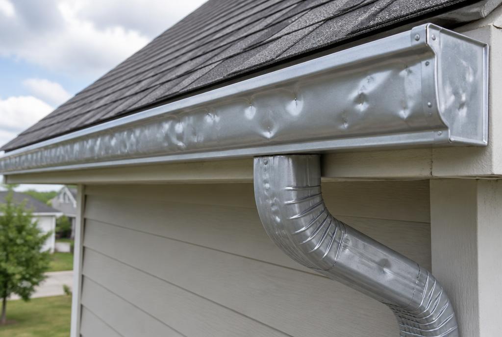 Aluminum gutter and downspout with round hail dents on a suburban house