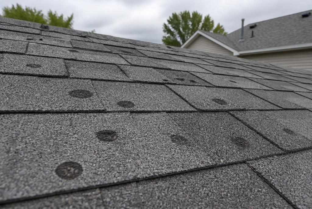Asphalt shingles with dark circular hail bruises where granules were knocked loose