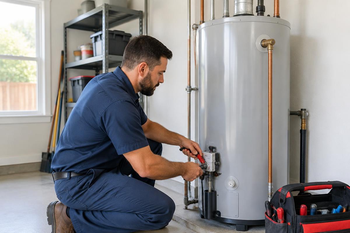 Technician servicing a residential water heater